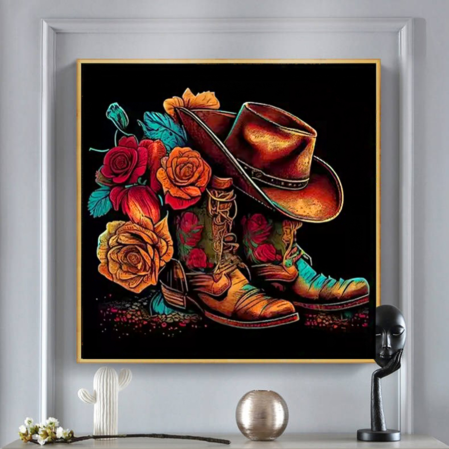 Resin Art Of Rose - Cowboyhoed Laarzen Diamant Schilderij Kits Home